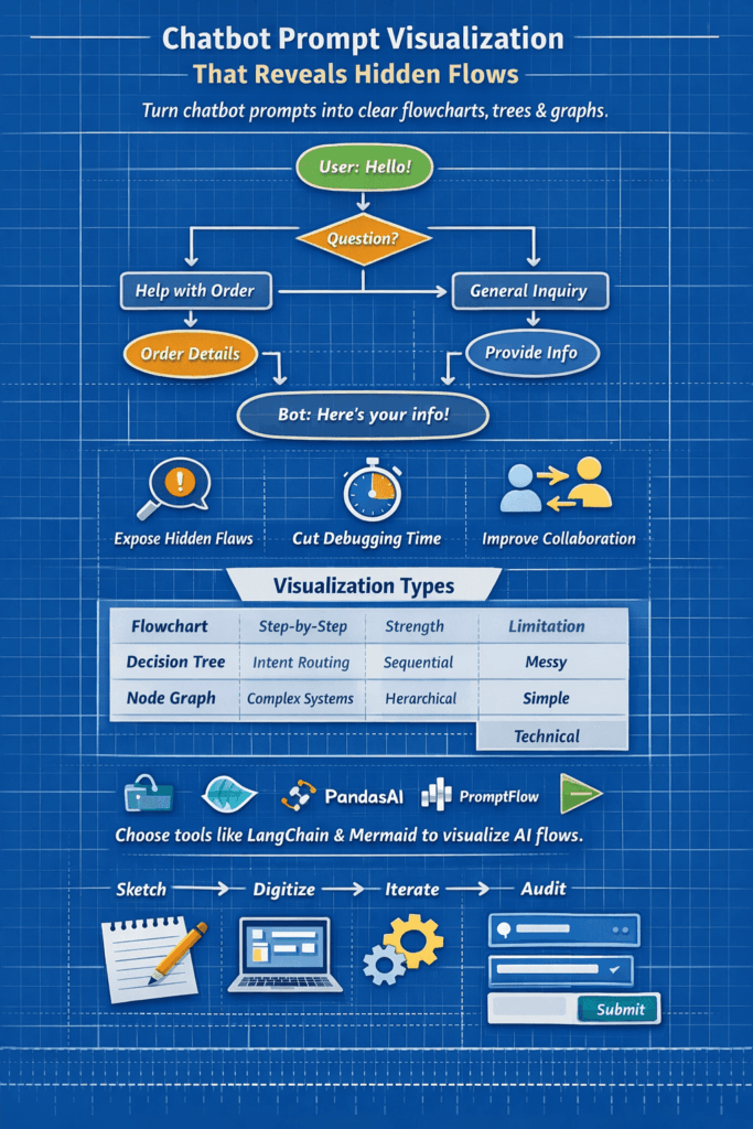 Chatbot prompt visualization infographic showing flowcharts, decision trees, tools, and steps to map AI logic into clear diagrams