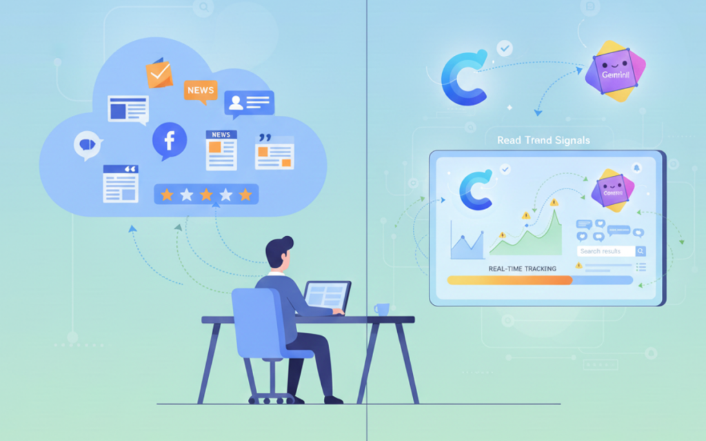 Brand Insights with Claude & Gemini: A user monitors brand data and market indicators through interactive visualizations on a computer screen.