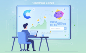 Brand Monitoring with Claude & Gemini: A user reviews brand signals and prioritizes high-impact insights on a computer screen.