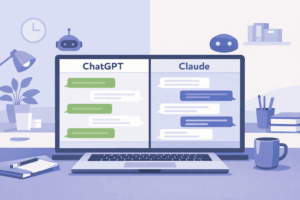 Illustration of a laptop showing a split chat view to compare chatgpt vs claude answers in a clean, modern workspace