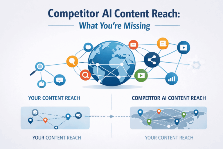 Global network diagram comparing competitor AI content reach versus your content reach across digital platforms and maps