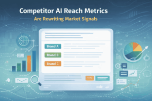 Dashboard displaying competitor AI reach metrics with brand rankings, analytics charts, and performance indicators