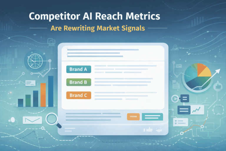 Dashboard displaying competitor AI reach metrics with brand rankings, analytics charts, and performance indicators