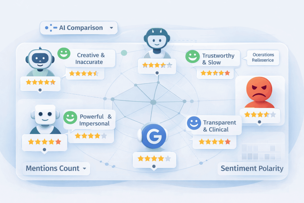 Network diagram illustrating competitor AI sentiment comparison with AI personas, star ratings, and sentiment indicators