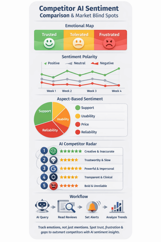 Infographic showing competitor AI sentiment comparison with emotional maps, polarity trends, aspect analysis, and competitor radar
