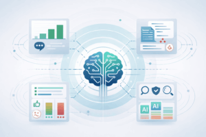 Competitor AI Visibility system with central AI brain connected to analytics, documents, sentiment, and monitoring tools