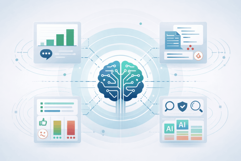 Competitor AI Visibility system with central AI brain connected to analytics, documents, sentiment, and monitoring tools
