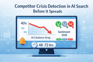 Competitor crisis detection in AI search dashboard showing citations falling 40% to 25%, sentiment shift, and 48–72 hour alert