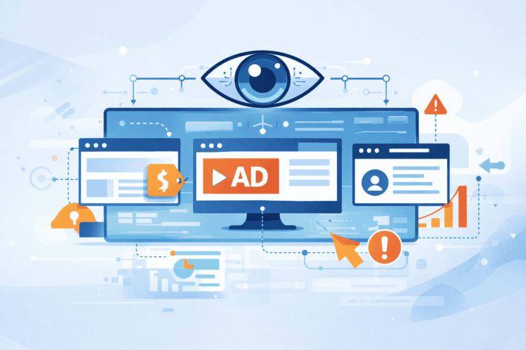 Digital illustration of competitor new AI platform monitoring with eye symbol, multiple screens, ads, and alert icons