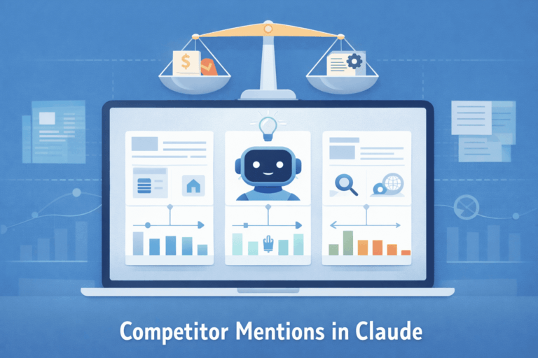 Dashboard showing competitor mentions in Claude AI with chatbot analyzing data charts and balanced pricing features