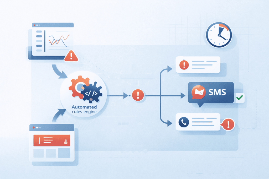 Crisis Alert Setup automation workflow showing monitoring triggers routing alerts to dashboard, SMS, and call escalation
