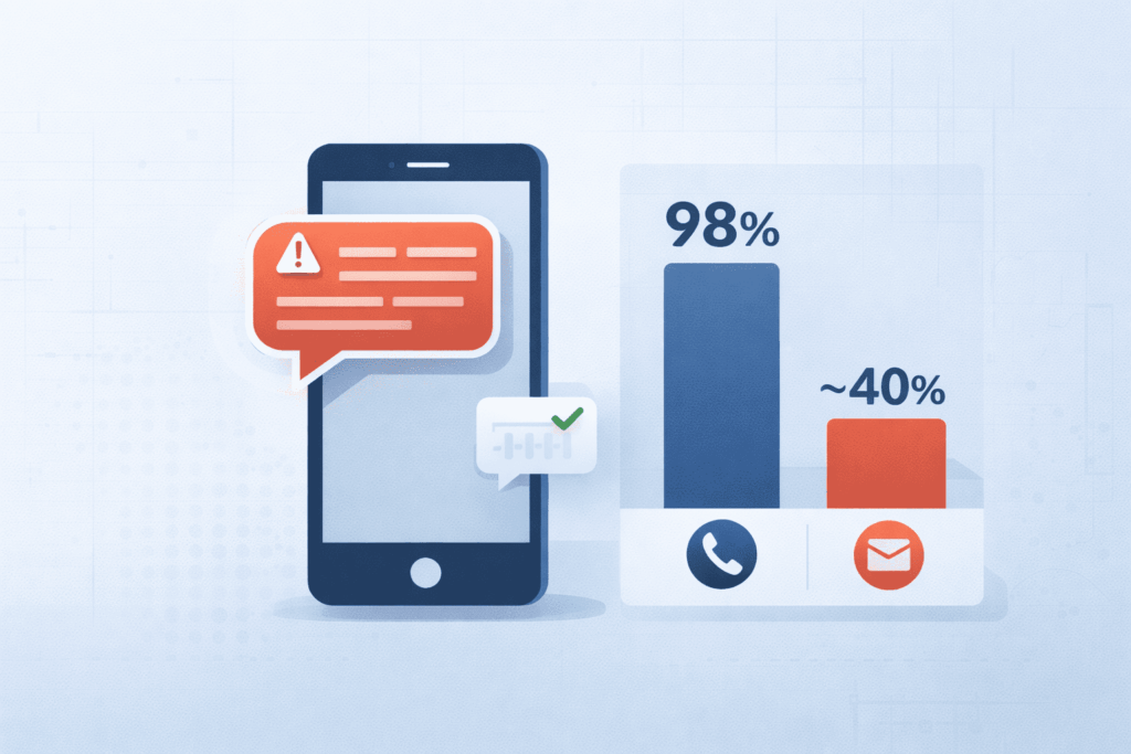 Crisis Alert Setup SMS alert comparison showing 98% open rate in 3 minutes vs 40% email open rate with phone and email icons