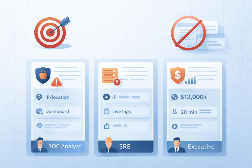 Crisis Alert Setup role-based alert customization showing SOC, SRE, and executive panels with precise alert details and reduced noise