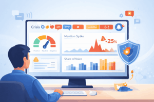 Detect AI-driven brand crises early with a monitoring analyst viewing sentiment, mention spikes, share of voice, and alert shield dashboard