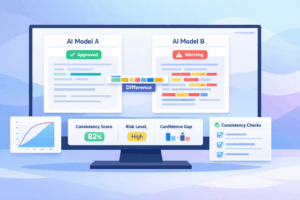 Visual dashboard comparing two systems to detect inconsistencies between AI models using scores, risk levels, and confidence gaps.