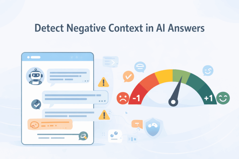 AI chat interface with sentiment gauge to detect negative context in AI answers, showing warnings and validation icons