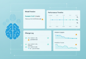 Comprehensive dashboard displaying LLM Version Drift Logs, performance timeline, output metrics, and drift detection.