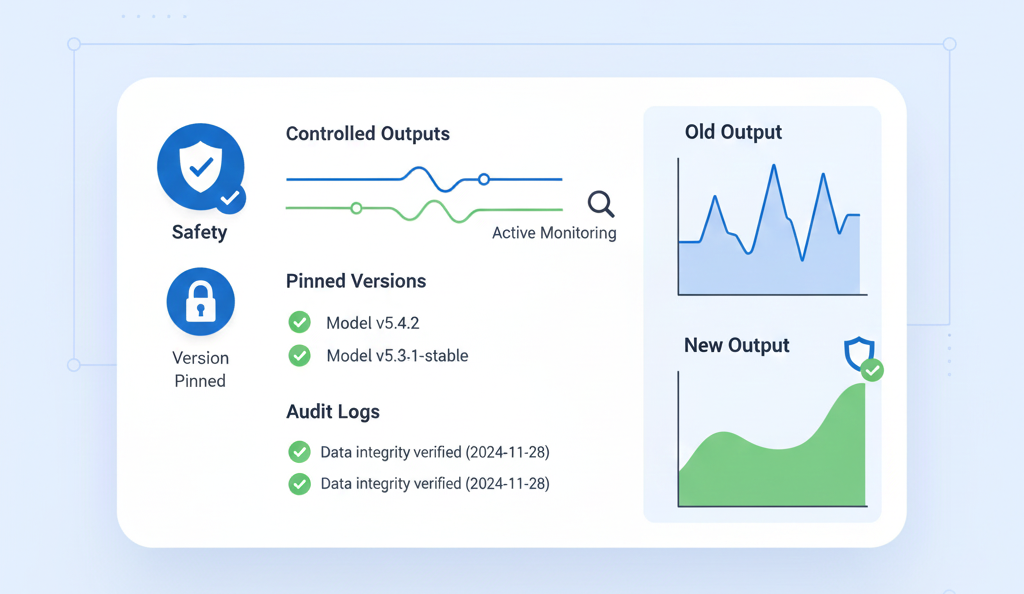Dashboard showcasing monitoring of LLM model version changes, with visualizations of outputs and LLM Version Drift Logs.