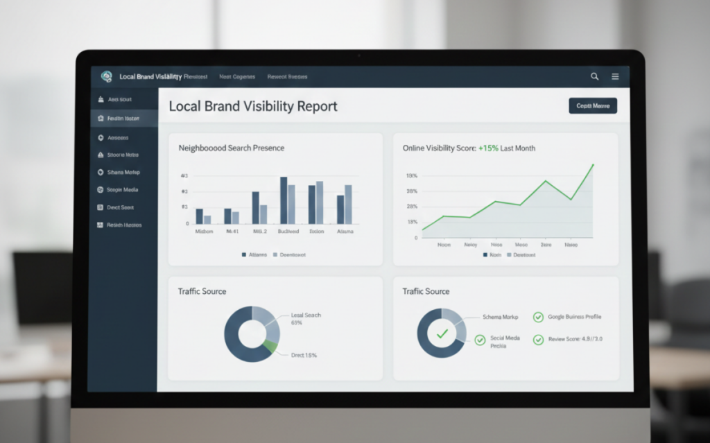 Localized AI search tracking dashboard showing neighborhood presence, visibility scores, and traffic source analytics