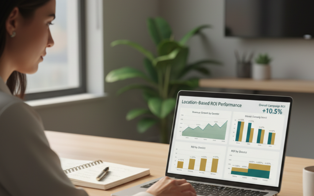 Professional reviewing localized AI search tracking metrics showing location-based ROI performance on laptop screen