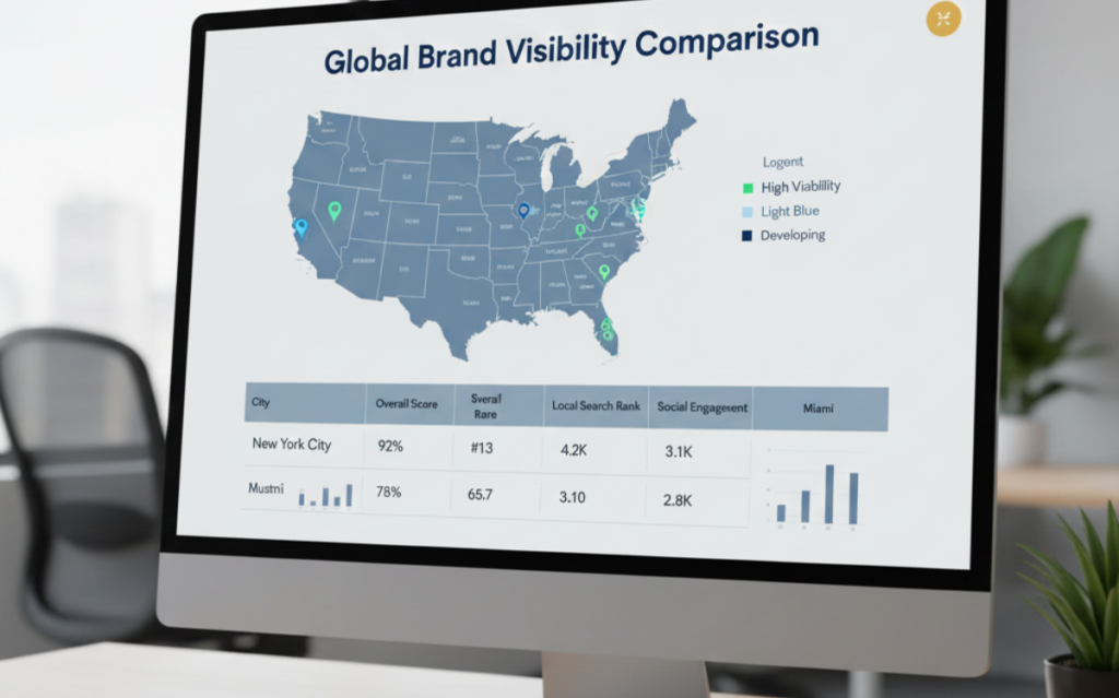 Localized AI search tracking dashboard displaying global brand visibility comparison with US map and city metrics