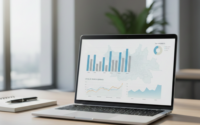 Laptop displaying localized AI search tracking analytics with bar charts, line graphs, and US map dashboard