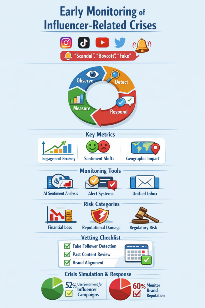 Infographic explaining how to monitor influencer-related crises using alerts, metrics, and risk indicators