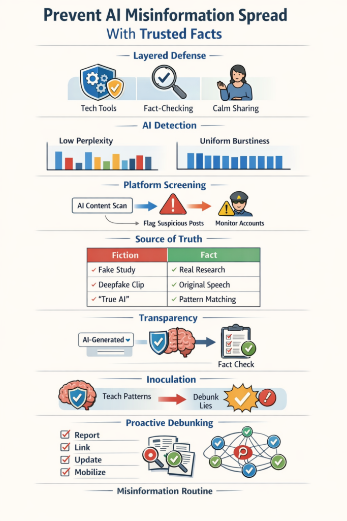  Infographic showing layered defense strategies to prevent AI misinformation spread through detection and fact-checking tools