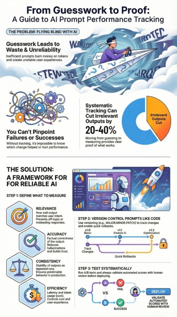 Prompt performance tracking guide infographic showing problems of AI guesswork and a framework with metrics, version control, and A/B testing workflow