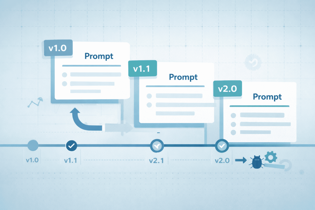 Prompt performance tracking guide visual showing prompt version control with timeline, version history, and rollback flow for tracking prompt changes