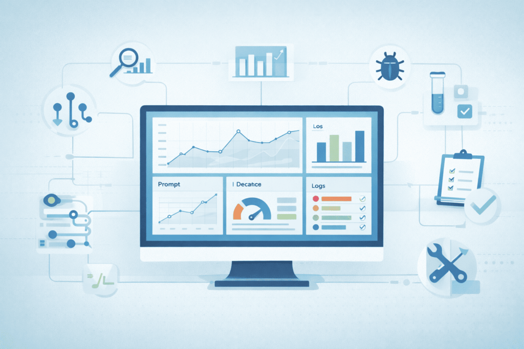Prompt performance tracking guide illustration showing an analytics dashboard with monitoring, logs, metrics, and evaluation pipelines for AI prompts