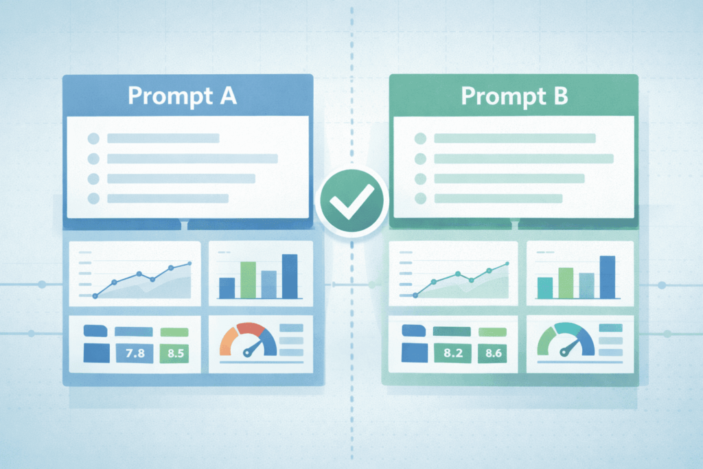 Prompt performance tracking guide illustration comparing Prompt A and Prompt B with metrics dashboards, scores, and a clear winning decision indicator