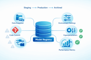 System to track AI model version changes with model registry connecting data, code, settings, and performance metrics