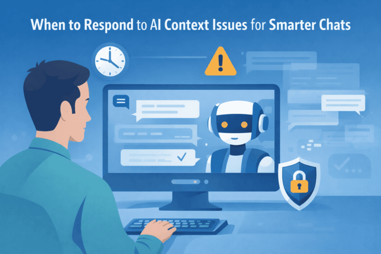 Person chatting with AI assistant on computer, learning when to respond to AI context issues with warning and security icons