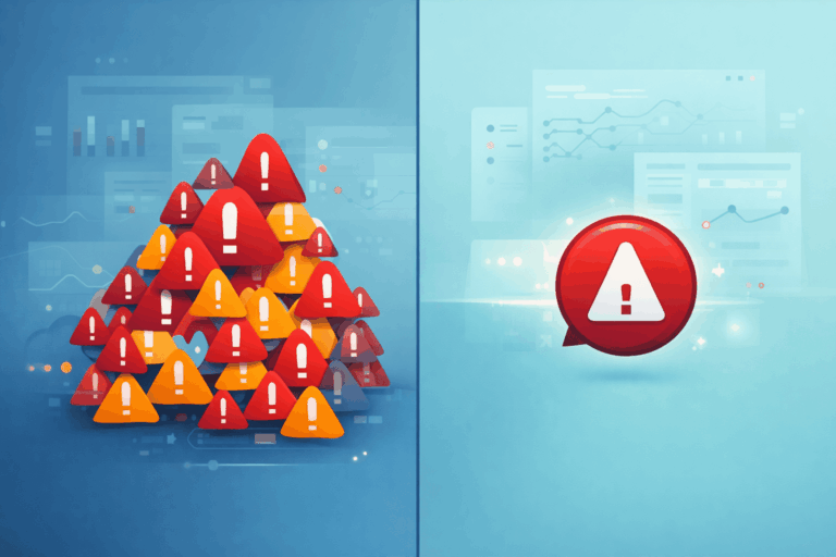 Split screen showing real-time AI alert system: multiple warnings consolidating into single prioritized alert with dashboards