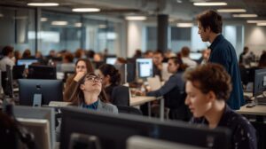 Busy customer service center implementing AI Context Escalation Workflow with team members handling escalated interactions
