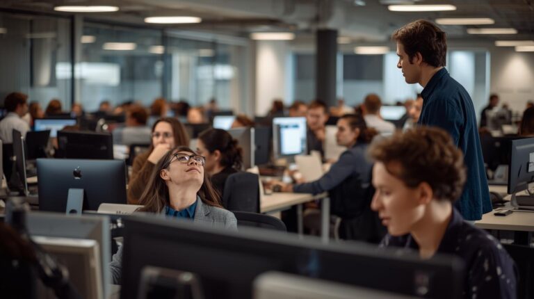 Busy customer service center implementing AI Context Escalation Workflow with team members handling escalated interactions