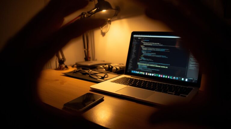 Developer coding AI search crisis response playbook implementation on laptop at night desk setup