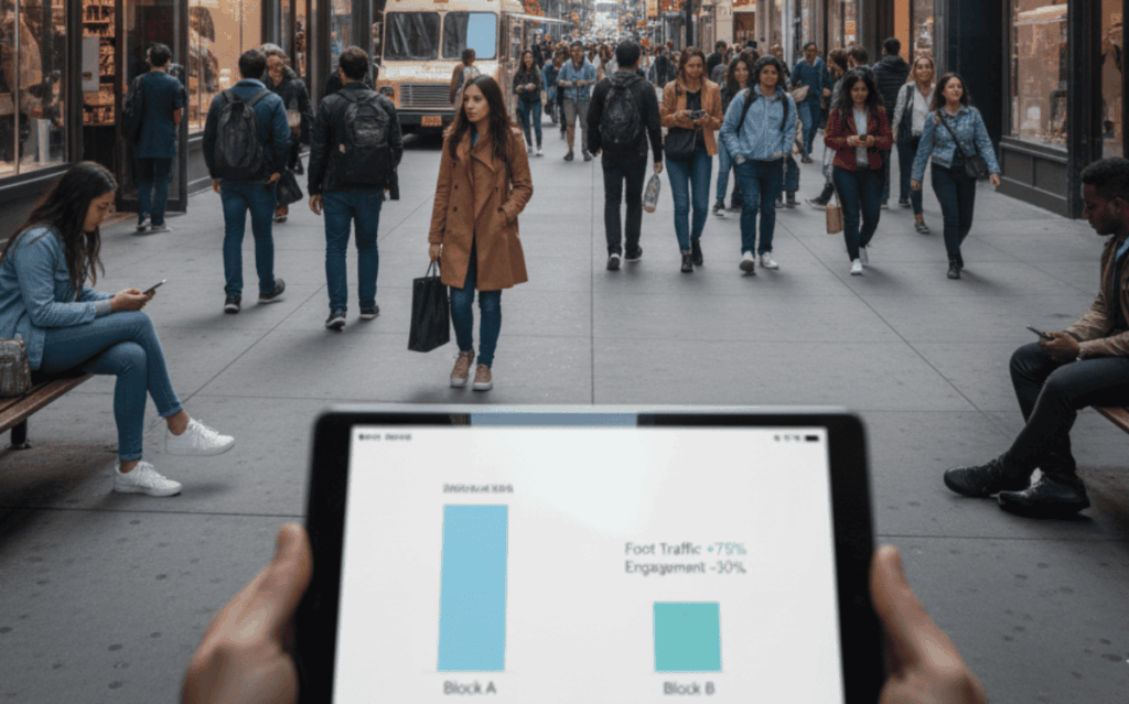Tablet displaying brand visibility by city foot traffic data on busy urban shopping street with pedestrians