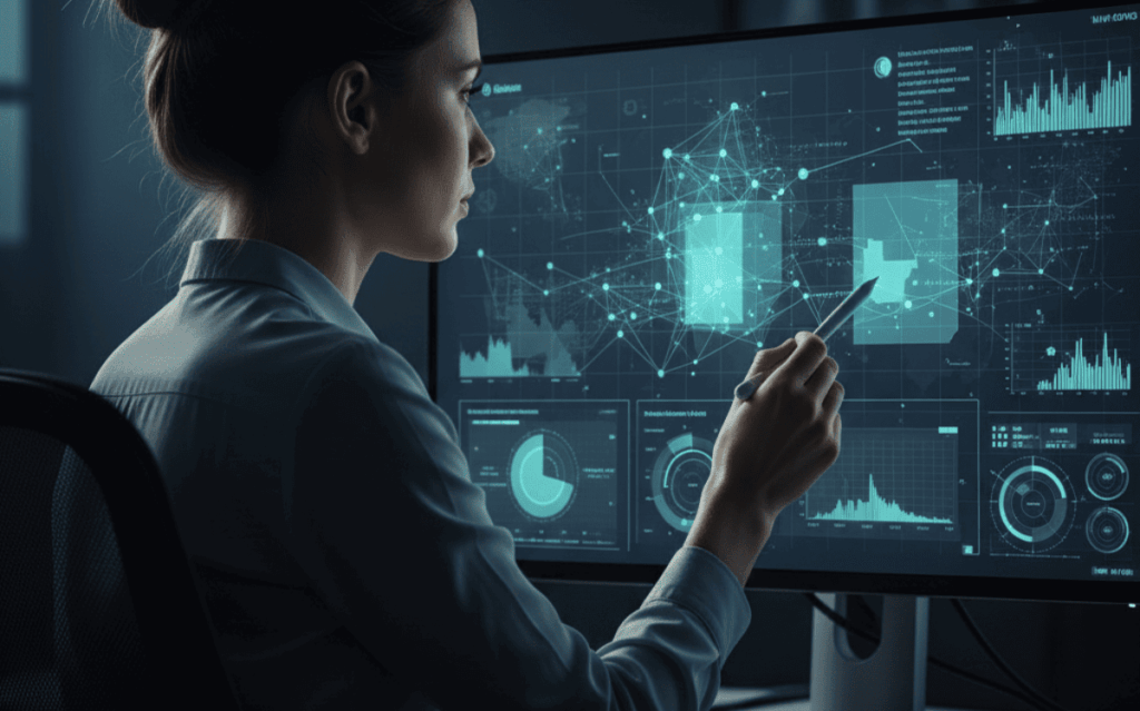 Business analyst reviewing brand visibility by city metrics on interactive data dashboard with analytics charts