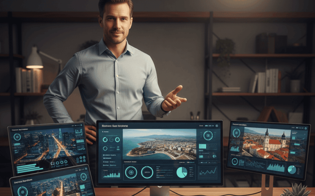 Marketing professional presenting brand visibility by city data across multiple monitors with urban analytics dashboards