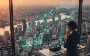 Professional viewing data analytics overlay showing brand visibility by city network across urban skyline at sunset