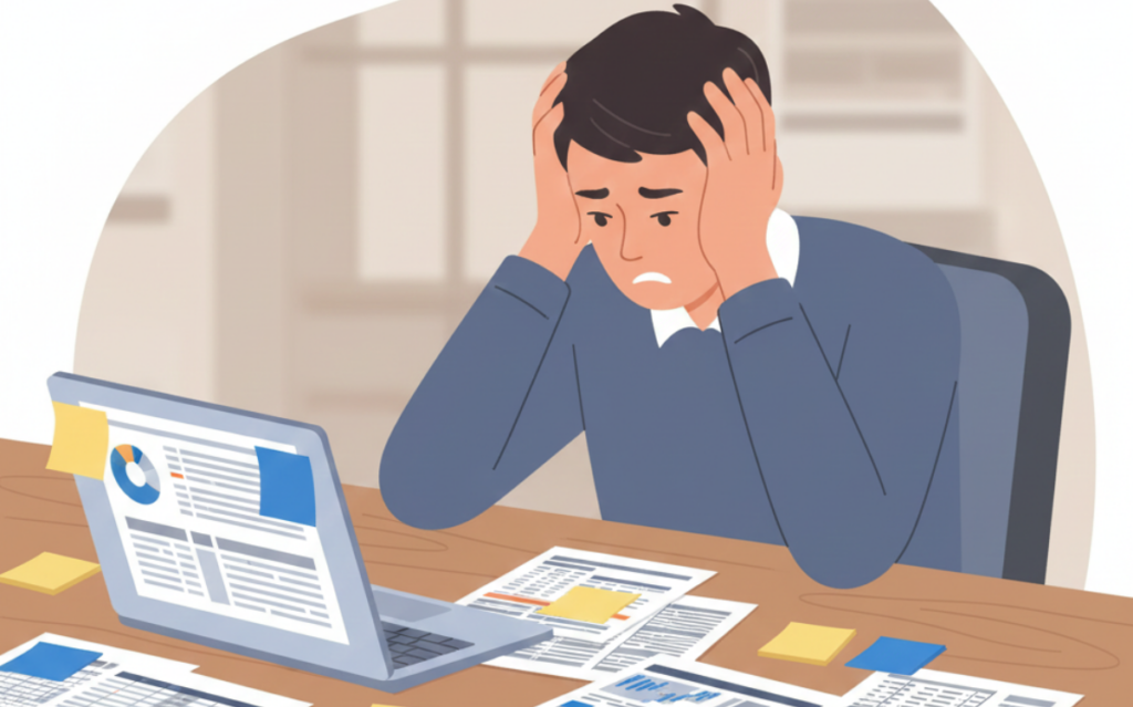 Stressful data monitoring: An illustration depicting the challenges of data analysis and workflow management.