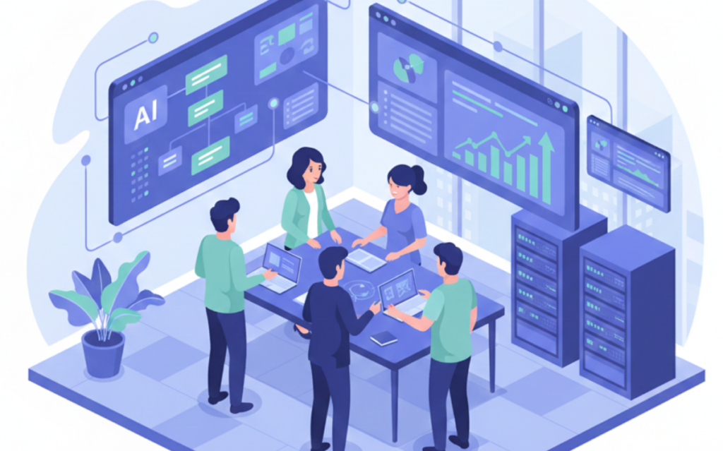 AI-driven workflow management: Employees work together to leverage interactive dashboards and automation for data-driven decision making.