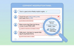 Identifying spam comments: Analyze suspicious phrases, links, and keyword stuffing to detect and moderate comment spam.
