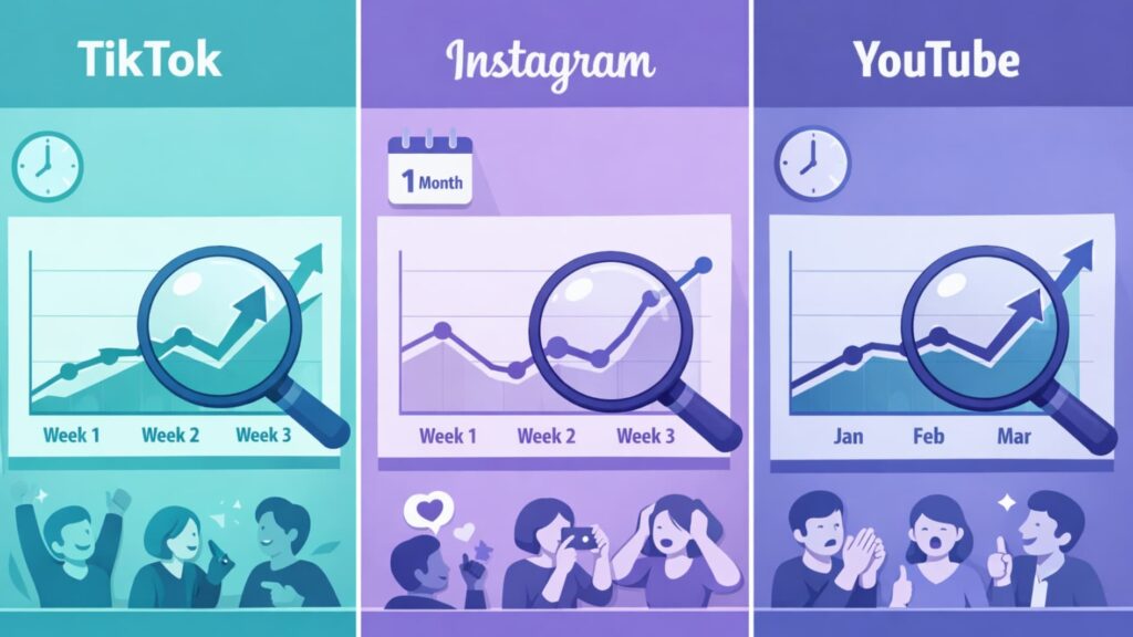 Flat image showing how to analyze and report influencer performance trends across platforms.