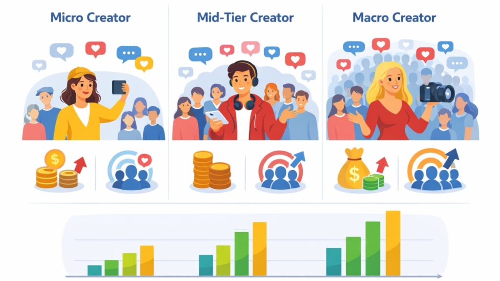 Flat illustration comparing creators to report influencer performance trends by creator type.