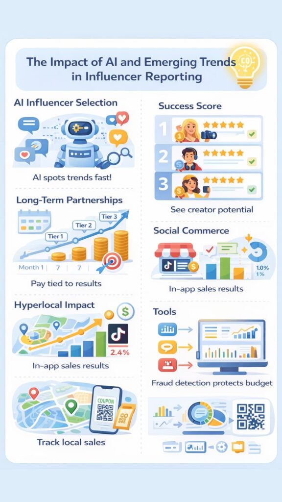 Infographic with AI icons, charts, maps showing how brands report influencer performance trends across creators.