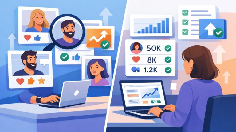 Marketing analyst using data tools to detect influencer partnership opportunities with profiles, metrics, and checkmarks.