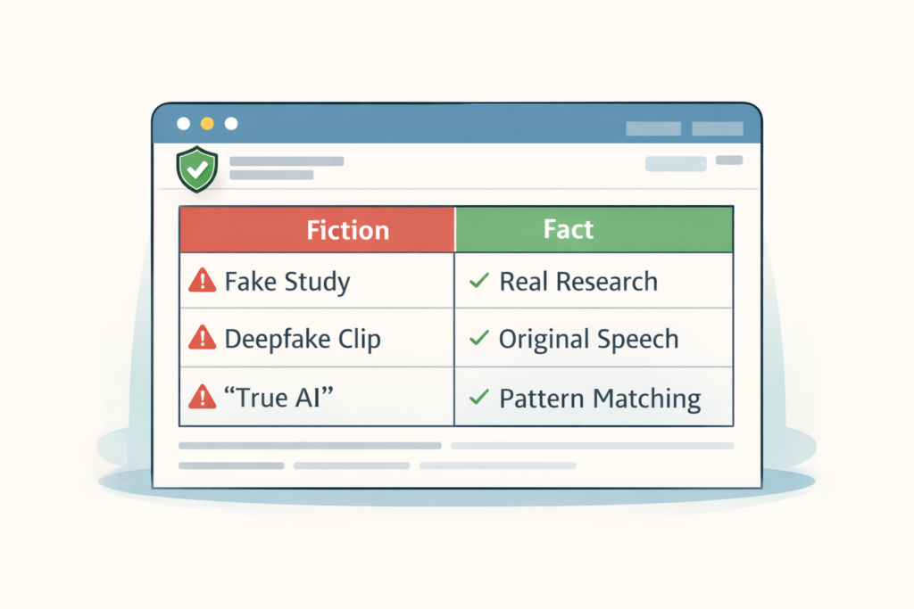 Browser window showing fiction versus fact comparison table to prevent AI misinformation spread with verification methods